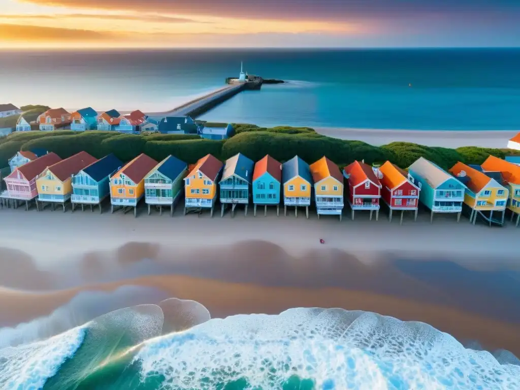 Pueblo costero pintoresco al atardecer: belleza natural y encanto idílico Vista aérea de un pueblo costero pintoresco con casas coloridas en la playa, el sol dorado se pone sobre el mar, gaviotas vuelan