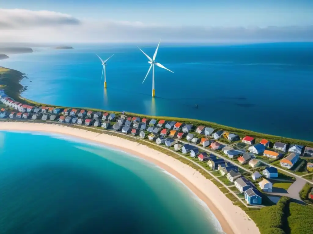 Costa sostenible: belleza costera con energía verde Vista aérea de un pueblo costero con casas coloridas, paneles solares y turbinas eólicas