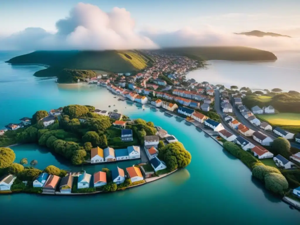 Inundación costera por cambio climático Vista aérea de pueblo costero inundado por el mar, reflejando impacto del cambio climático y la necesidad de financiación para propiedades costeras