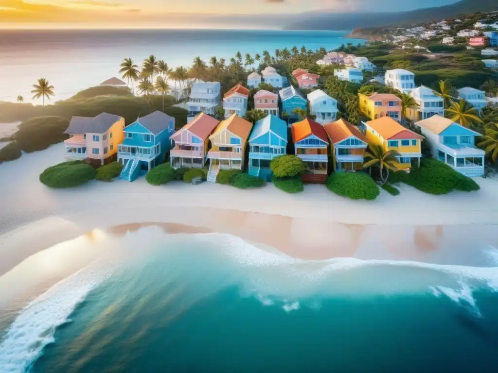 Paisaje costero al atardecer: casas pastel junto al mar Vista aérea de un pueblo costero al atardecer con casas de playa pastel, palmeras y sol dorado en el horizonte