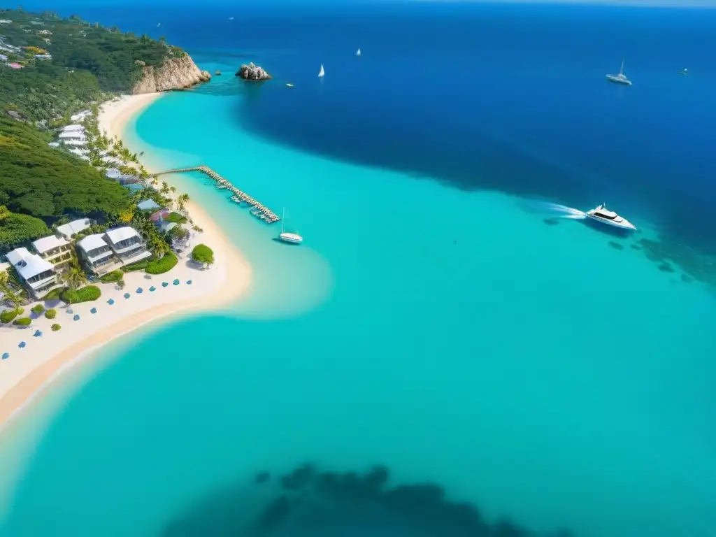 Costa tropical: lujo y tranquilidad en paradisíaca ciudad costera Vista aérea de un pueblo costero vibrante con aguas turquesas y arena dorada