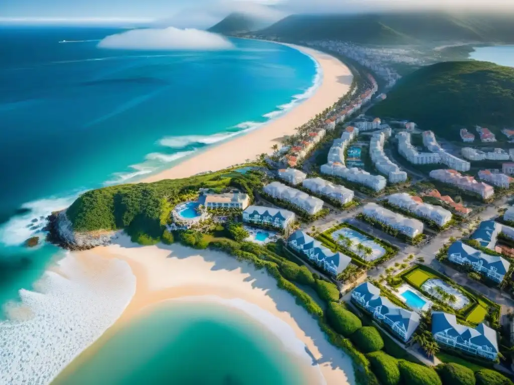 Contraste costero: hoteles de lujo frente al mar Vista aérea de un pueblo costero con hoteles lujosos y propiedades residenciales, resaltando el impacto de los desarrollos hoteleros en la zona