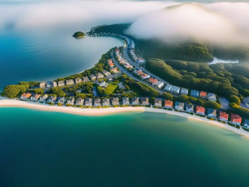 Zonificación costera: un mosaico urbano y natural Vista aérea de un pueblo costero con normativa zonificación propiedades costeras