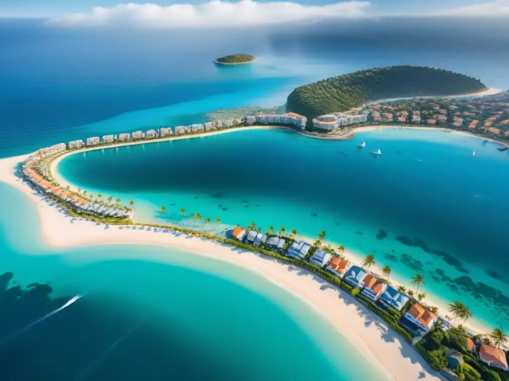 Costa de ensueño: lujo y exclusividad en vibrante ciudad costera Una vista aérea de un pueblo costero vibrante con propiedades lujosas frente al mar