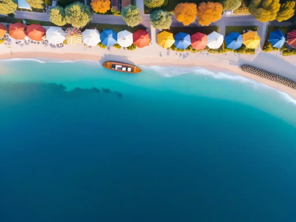 Vista aérea impresionante de pueblo costero al atardecer Vista aérea de un pueblo costero al atardecer con playas, sombrillas coloridas y marina llena de barcos