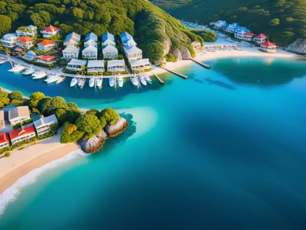 Escena costera lujosa: playa, marina y propiedades de lujo Vista aérea de pueblo costero con playa, propiedades lujosas y marina llena de yates
