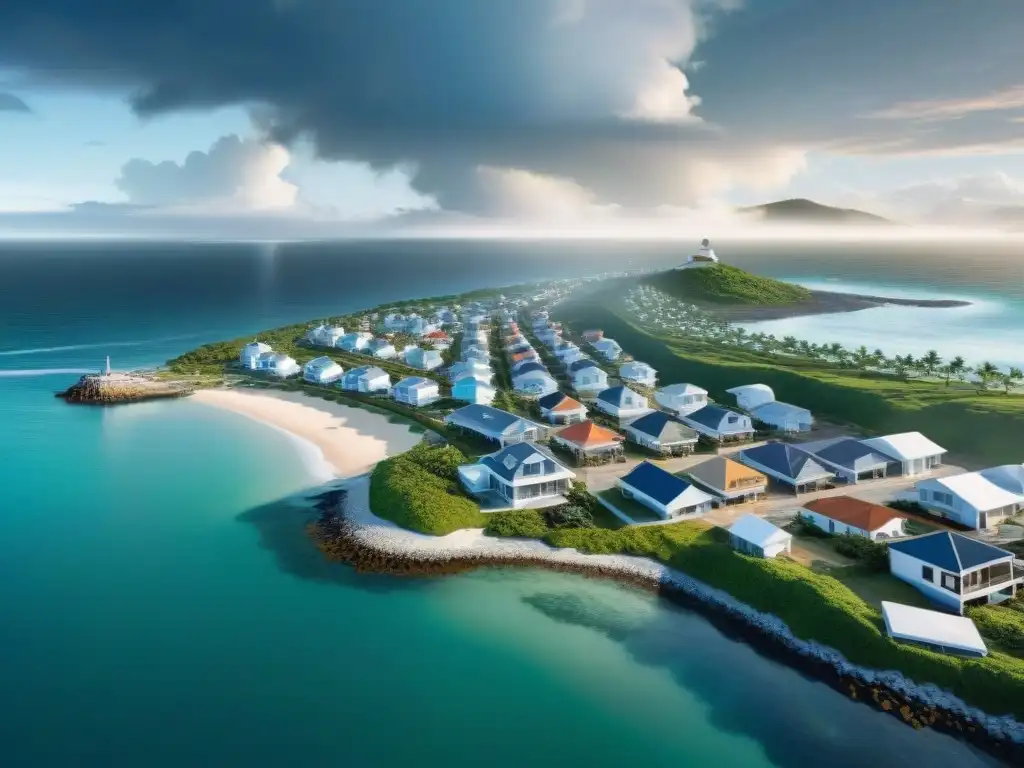 Costa tecnológica: innovación para la resiliencia ante desastres Vista aérea de un pueblo costero con tecnología para desastres naturales y seguros costeros