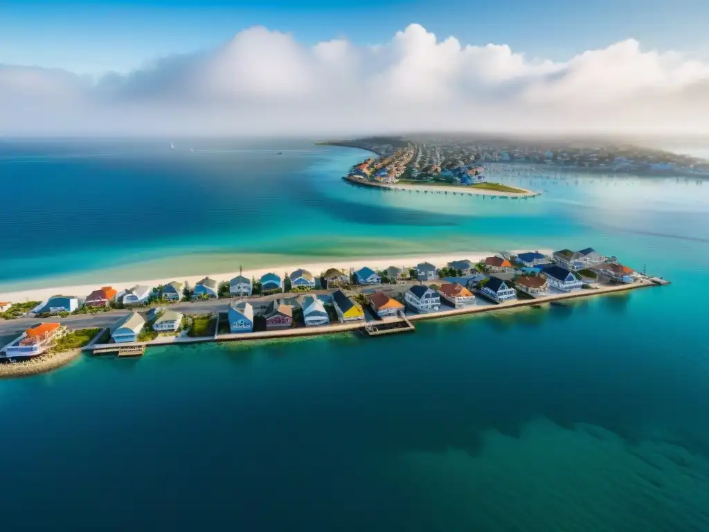 Vista aérea: Pueblo costero con viviendas coloridas y marina activa Vista aérea de pueblo costero con casas coloridas, marina y muro de contención