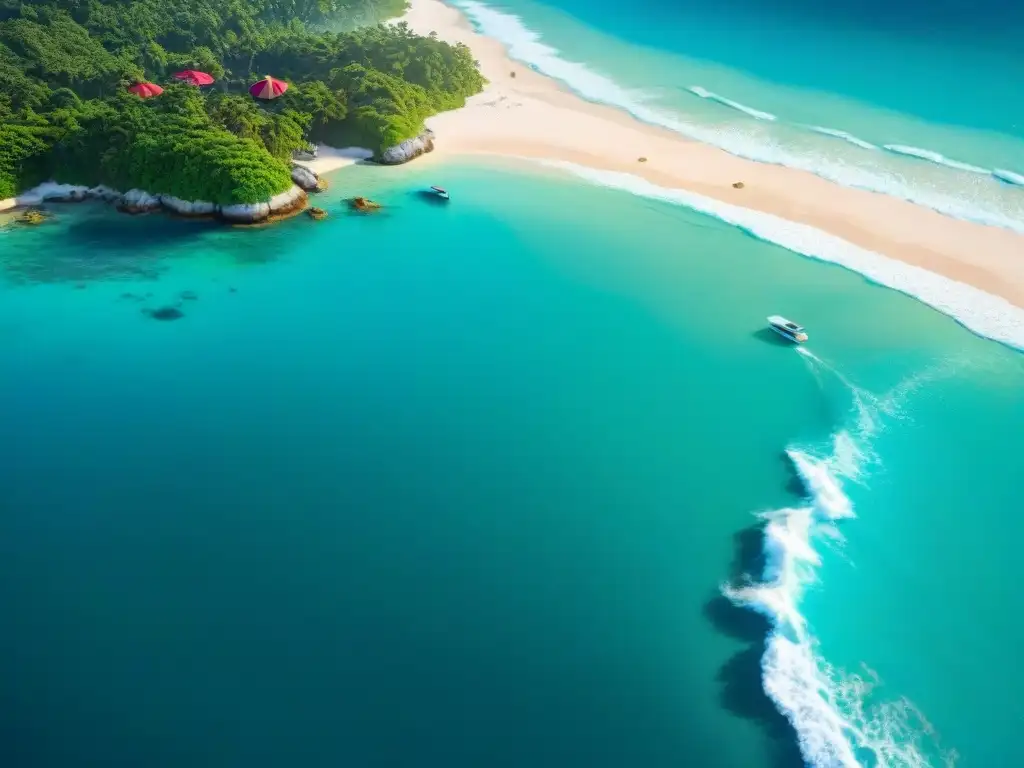 Paraíso costero: vista aérea de aguas turquesas y playas blancas Vista aérea de un pueblo costero paradisíaco, con aguas turquesas, playas de arena blanca, sombrillas coloridas y palmeras verdes
