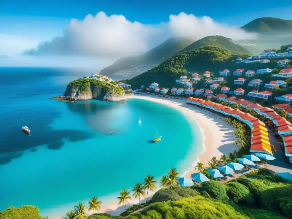 Paraíso costero: playa turquesa y arquitectura colorida Vista aérea de pueblo costero con playa, sombrillas y palmeras
