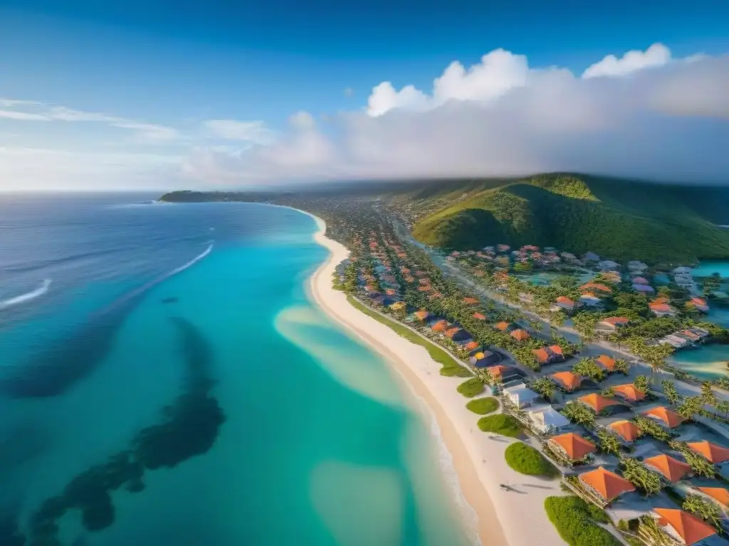 Paraíso costero: casas coloridas frente al mar Vista aérea de un pueblo costero con propiedades coloridas en la playa, ideal para Plataformas para listar propiedades costeras