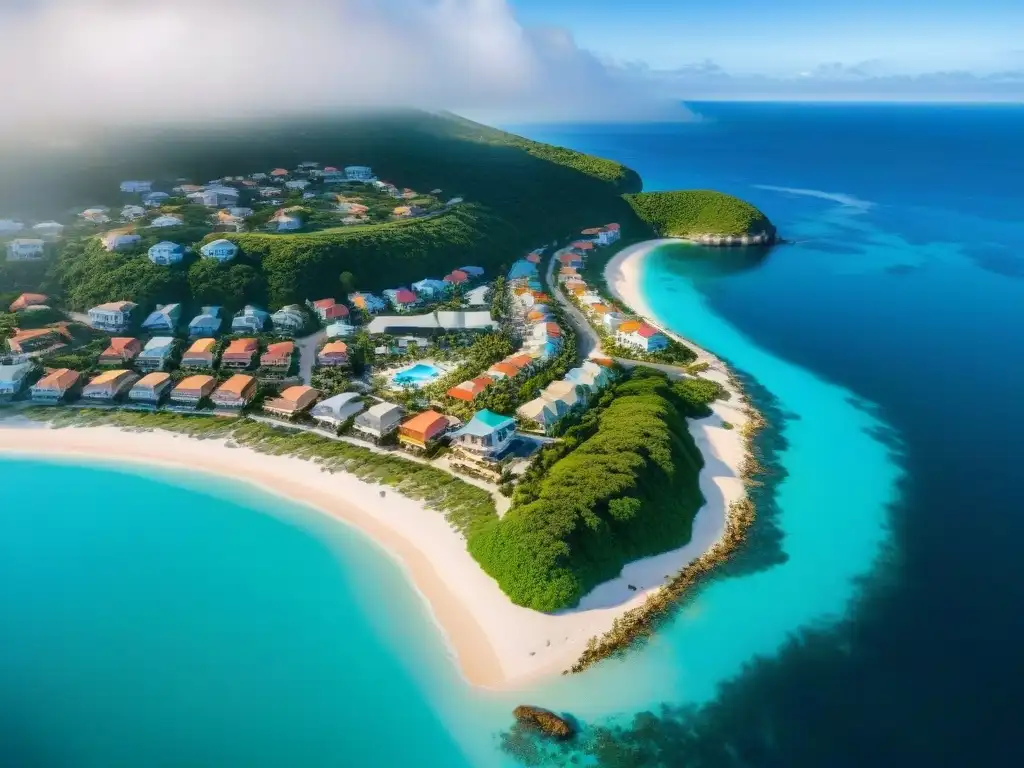 Paraíso costero: Aguas turquesas y playas doradas Vista aérea de un pueblo costero con aguas turquesas, playas doradas y alquileres vacacionales coloridos en la costa