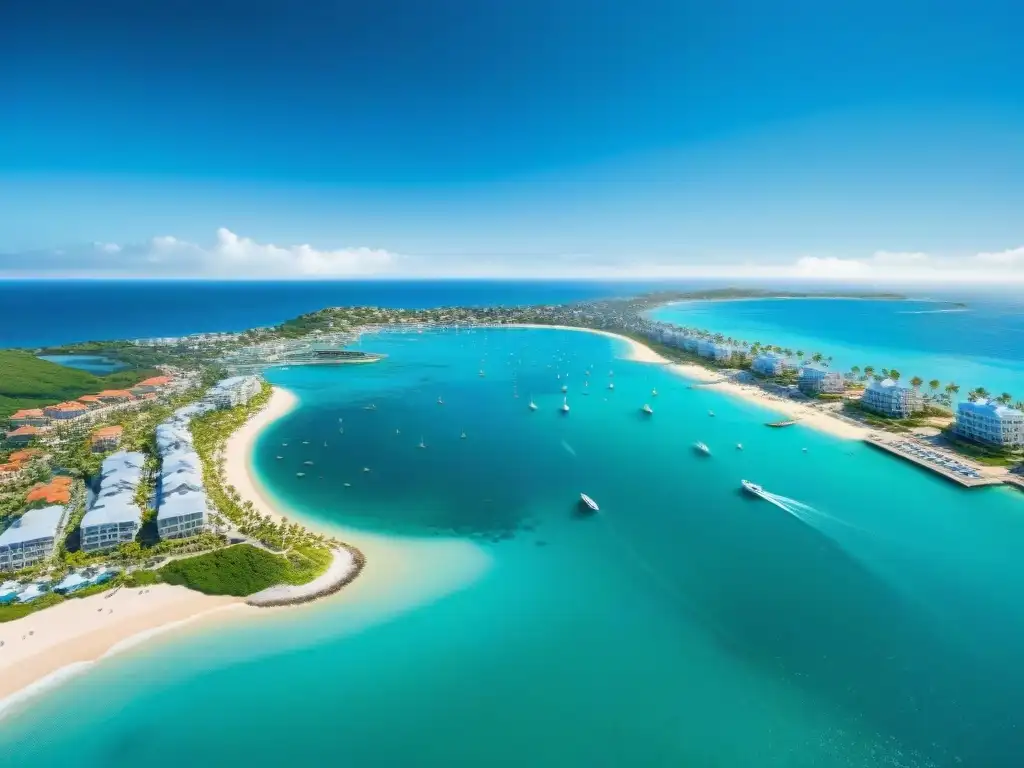 Paisaje costero vibrante: propiedades modernas, playas y marina bulliciosa Vista aérea de un pueblo costero vibrante con propiedades modernas, playas y puerto lleno de barcos