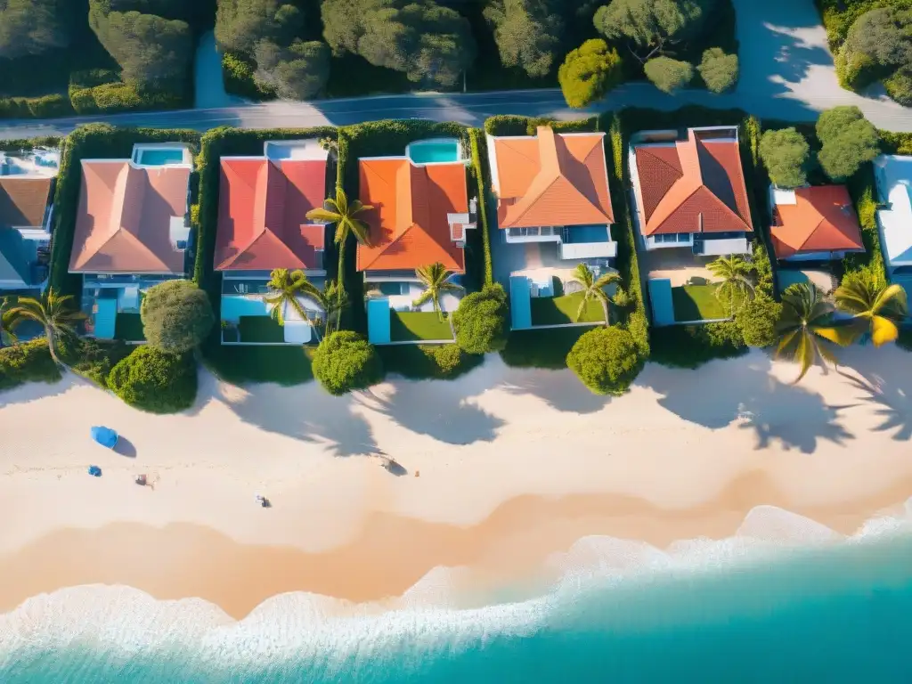Pintoresco pueblo costero con propiedades frente al mar Vista aérea de un pueblo costero con propiedades encantadoras y playa, ideal para planificación financiera propiedades costeras