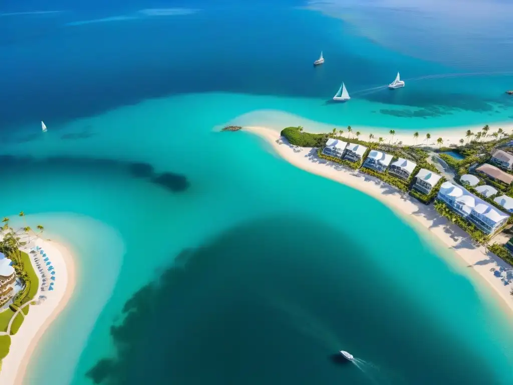 Paraíso costero: lujo y comunidad en finanzas colaborativas Vista aérea de un pueblo costero vibrante con playas de arena blanca y aguas cristalinas
