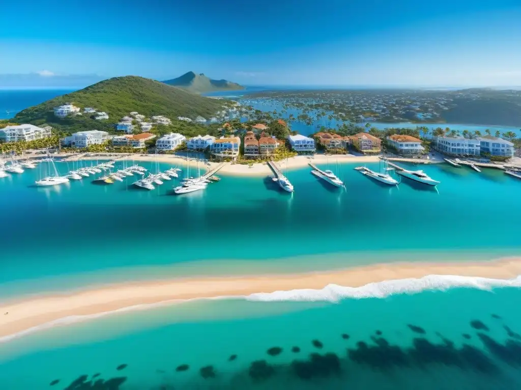 Marina de ensueño: costa vibrante y exclusiva Vista aérea de un pueblo costero vibrante con marina, playas, cafés y tiendas