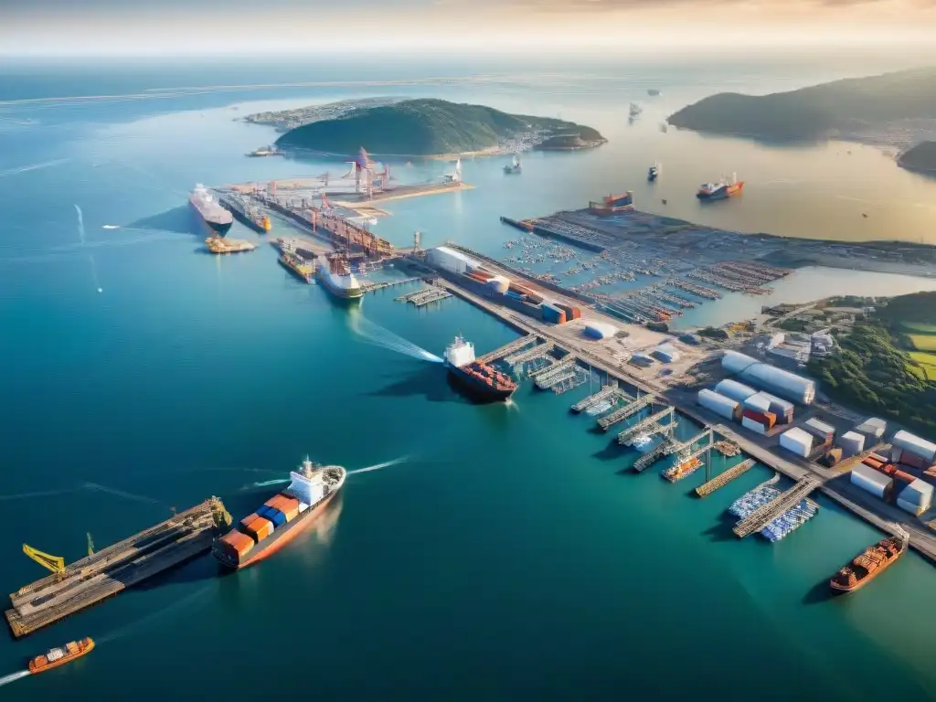 Vibrante puerto costero: barcos descargando en muelle Vista aérea de un puerto costero con actividad económica vibrante