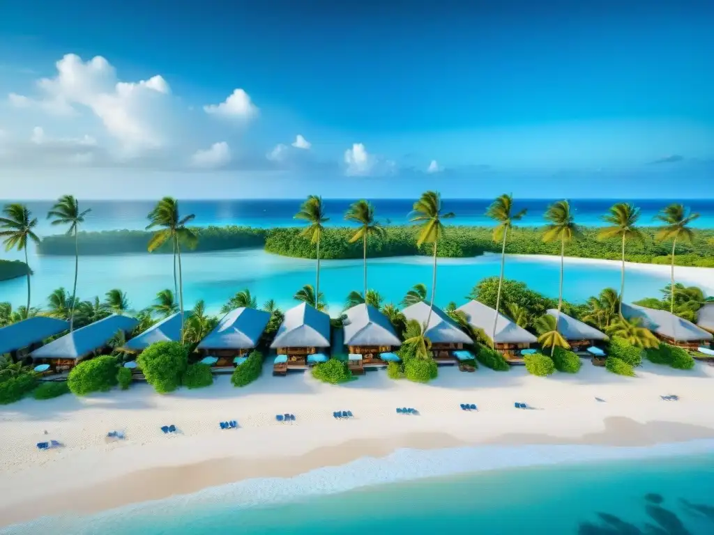 Resort de lujo frente al mar: playa paradisíaca y exclusivos servicios Vista aérea de resort de playa lujoso con servicios concierge personalizados