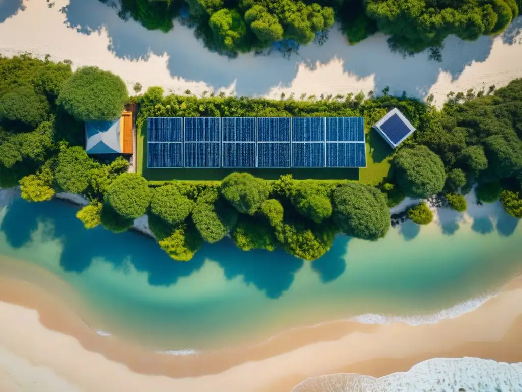 Resort ecológico: arquitectura sostenible en la playa Vista aérea de resort sostenible en la playa con construcción ecoamigable y armonía con entorno costero