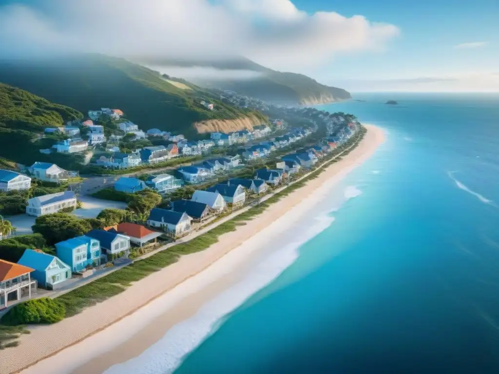 Costa serena: armonía entre urbanismo y belleza natural 'Vista aérea serena de una ciudad costera con propiedades bien construidas y seguras