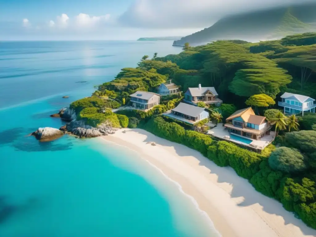 Costa serena: hogar ideal en comunidad costera Vista aérea serena de costa con playas de arena, agua turquesa y hogares tradicionales y modernos