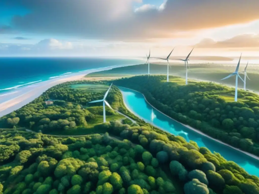 Paraíso costero sostenible: sol, mar y energía eólica Vista aérea serena de un pueblo costero sostenible con aguas turquesas, palmeras verdes y turbinas eólicas