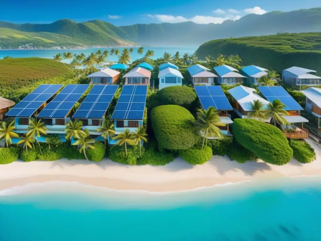 Vista aérea serena de pueblo costero ecoamigable Vista aérea serena de pueblo costero con casas coloridas, paneles solares, jardines verdes y mar azul