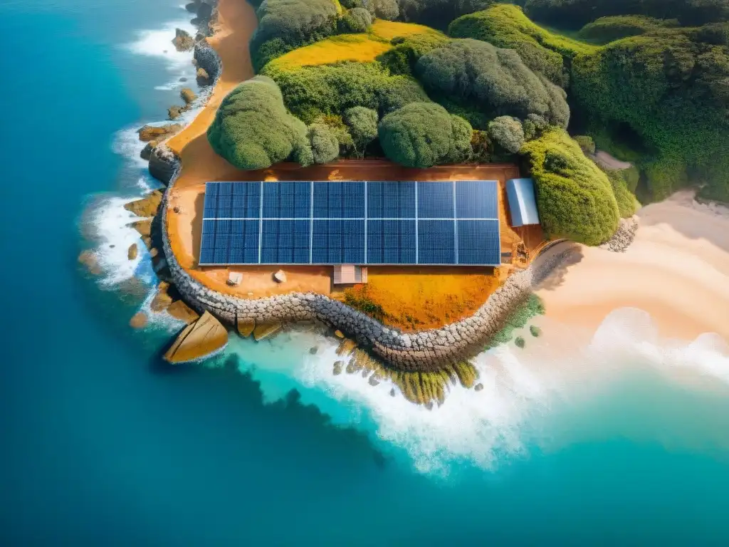 Construcción sostenible en costa: innovación eco-friendly Vista aérea de construcción sostenible en propiedades costeras, integrando tecnologías ecoamigables y armonizando con el entorno costero