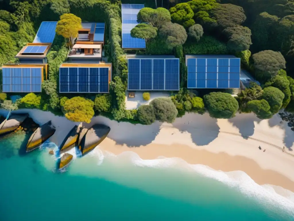 Desarrollo sostenible en la costa: arquitectura eco-amigable Vista aérea de construcción sostenible en propiedades costeras, ecoamigables con paneles solares y materiales reciclados