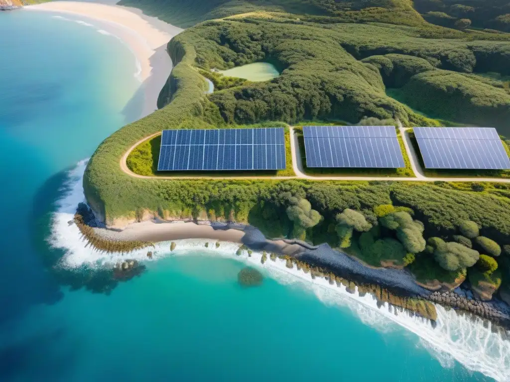 Costa sostenible: armonía entre tecnología verde y belleza natural Vista aérea de construcción sostenible en propiedades costeras integrando tecnologías ecoamigables y naturaleza