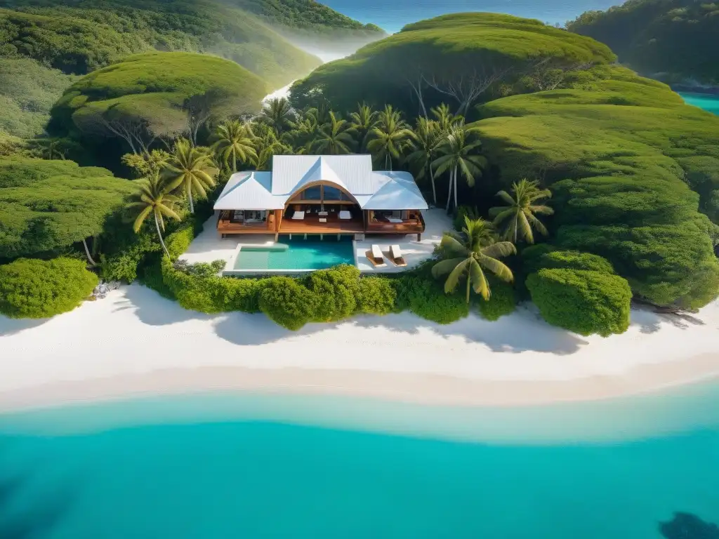 Paraíso costero: villa de lujo entre palmeras y mar turquesa Vista aérea de una tranquila villa costera entre palmeras y aguas turquesa, ideal para inversiones colectivas en propiedades costeras