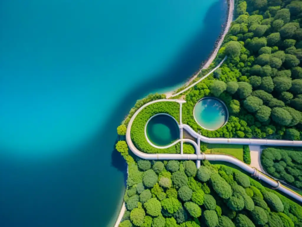 Planta de tratamiento de aguas en paisaje costero Vista aérea de tratamiento de aguas residuales costeras integrado en paisaje natural, rodeado de aguas azules y vegetación exuberante