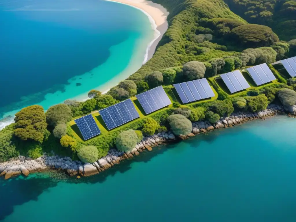 Costa sostenible: armonía entre naturaleza y desarrollo Vista aérea de costa verde con casas ecológicas integradas - Beneficios hipotecas verdes costeras