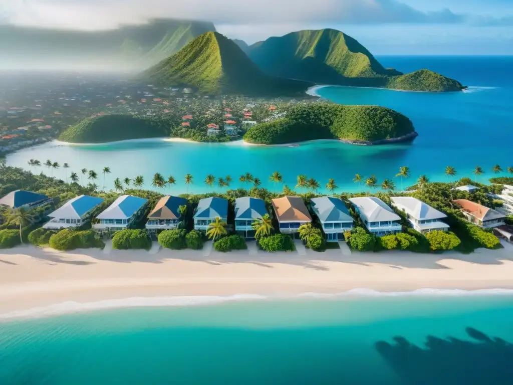 Costa paradisíaca: inversión inmobiliaria en paraíso costero Vista aérea de un vibrante pueblo costero entre aguas azules y vegetación exuberante, mostrando propiedades modernas y arquitectura tradicional