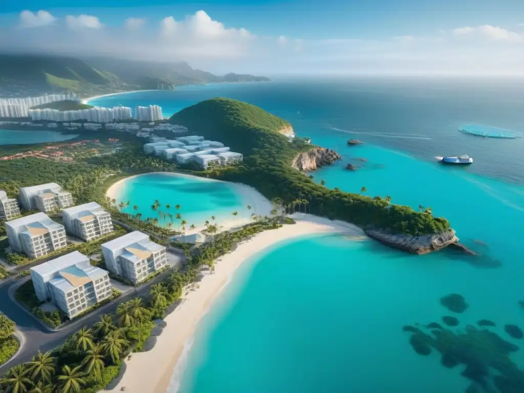 Desarrollo inmobiliario en paraíso costero: ¿oportunidad o riesgo?  Vista aérea de zona costera con aguas turquesas y construcciones modernas en propiedades preconstrucción zonas costeras