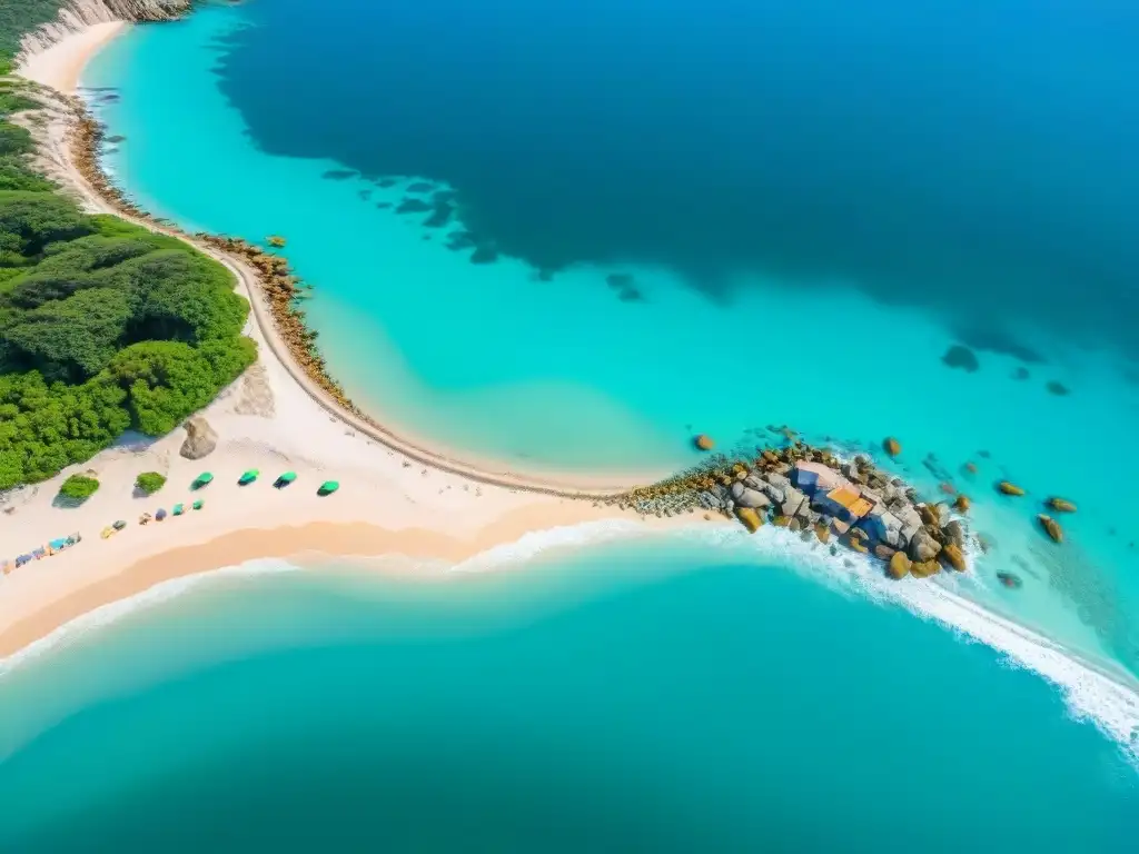 Desarrollo costero: belleza natural y construcción en progreso Vista aérea de zona costera con playas de arena, aguas turquesas y obra en progreso cerca del mar