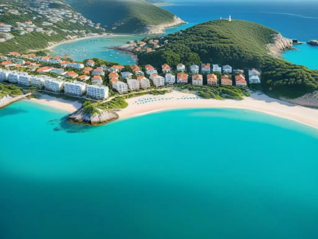 Costa turquesa: Comunidad vibrante y oportunidad de inversión Vista aérea de zona costera con aguas turquesas, playas de arena y edificios residenciales y comerciales