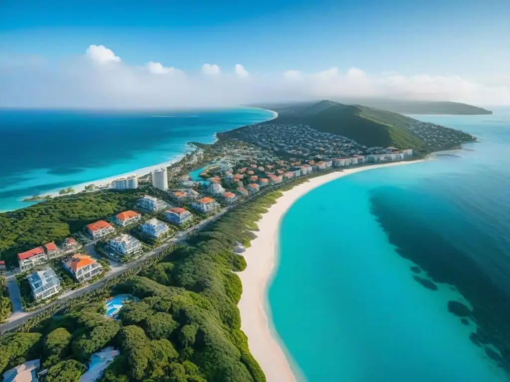 Costa paradisíaca: lujo y belleza en destino playero Vista aérea de una zona costera con playas, aguas turquesas y propiedades lujosas