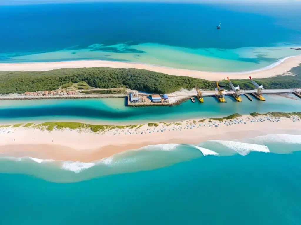 Desarrollo costero: modernidad junto a la naturaleza Vista aérea de zona costera en crecimiento con construcciones y propiedades frente al mar
