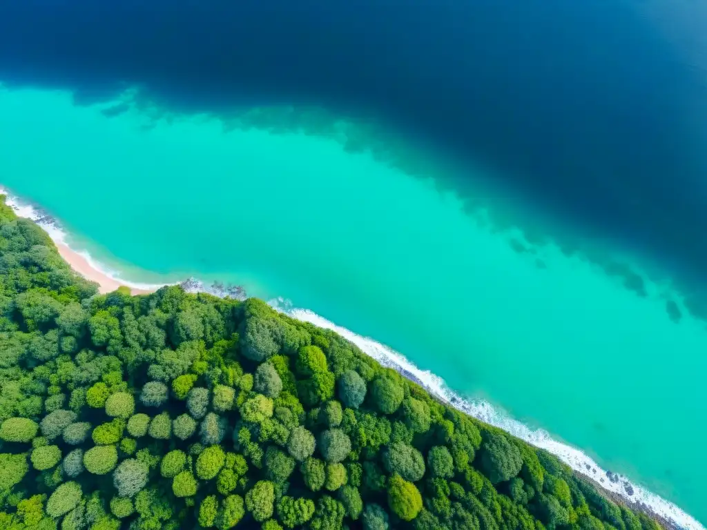 Costa virgen: oasis natural entre mar y ciudad Vista aérea de zona costera con vegetación exuberante y agua turquesa, resaltando la importancia de las zonas amortiguamiento costero