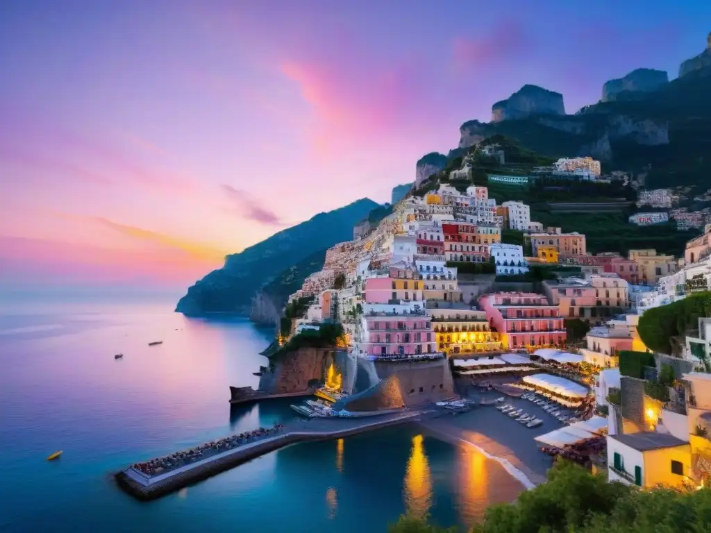 Puesta de sol en Positano: romance y tranquilidad en la costa amalfitana Vista de atardecer romántico en Positano, Costa Amalfitana, con edificios coloridos reflejados en el mar tranquilo y botes pesqueros en la orilla