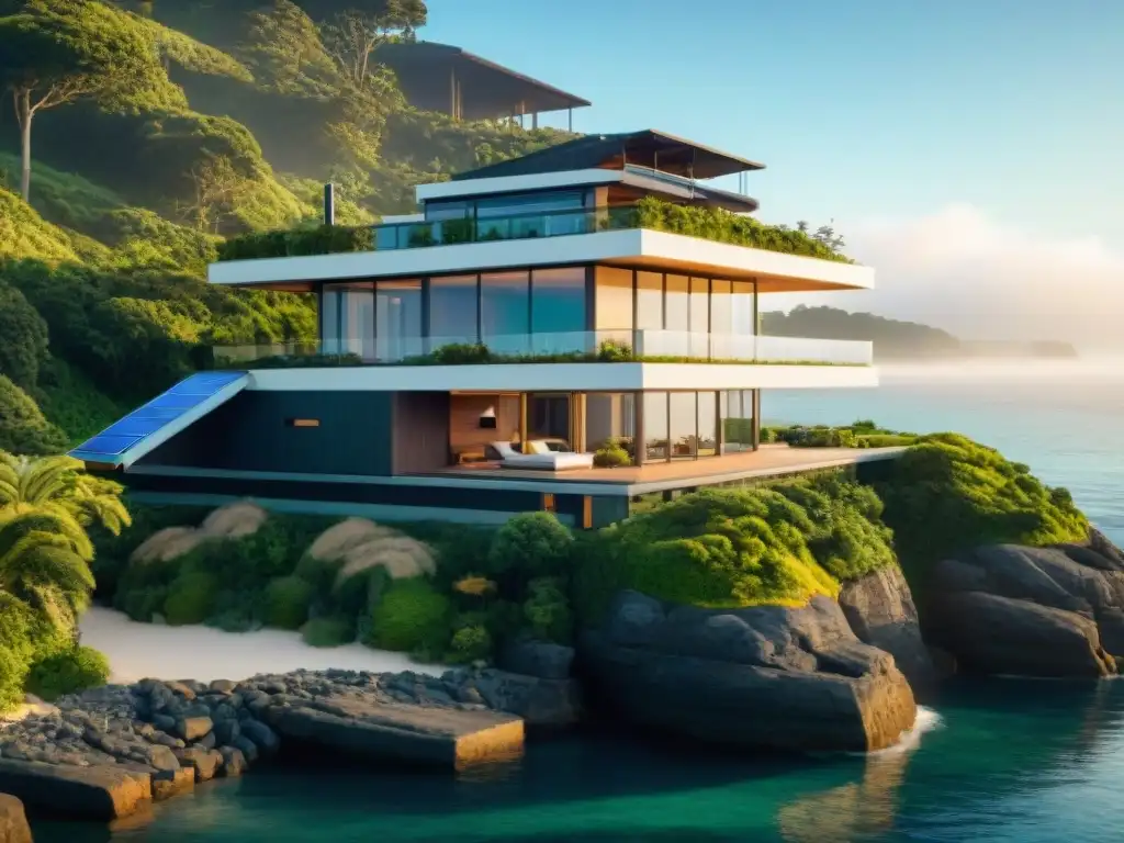 Casa sostenible frente al mar: diseño ecofriendly Vista de casa costera sostenible con paneles solares, ventanas panorámicas y paisaje verde