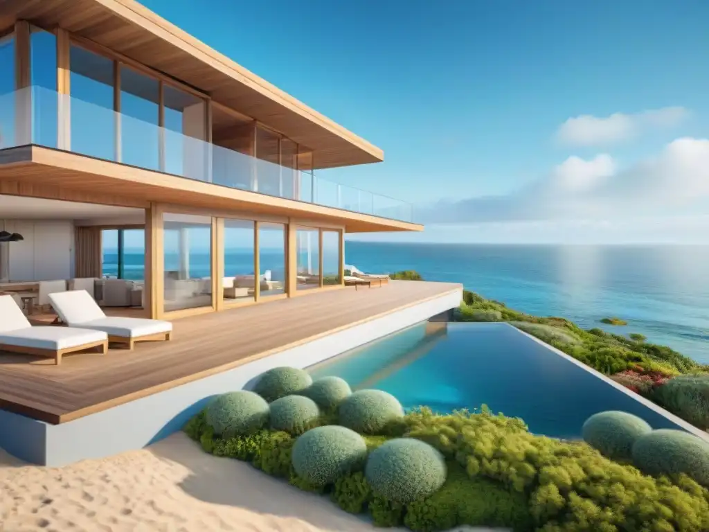 Casa Playera Eco-Friendly: Diseño Sostenible en Armonía con la Naturaleza Vista de una casa de playa ecoamigable con diseño sostenible y armonía con el mar