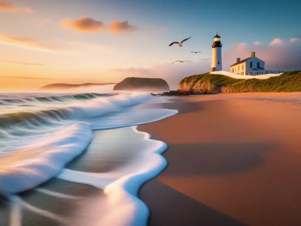 Paraíso costero al atardecer: serenidad y belleza natural Vista costera al atardecer con gaviotas y faro