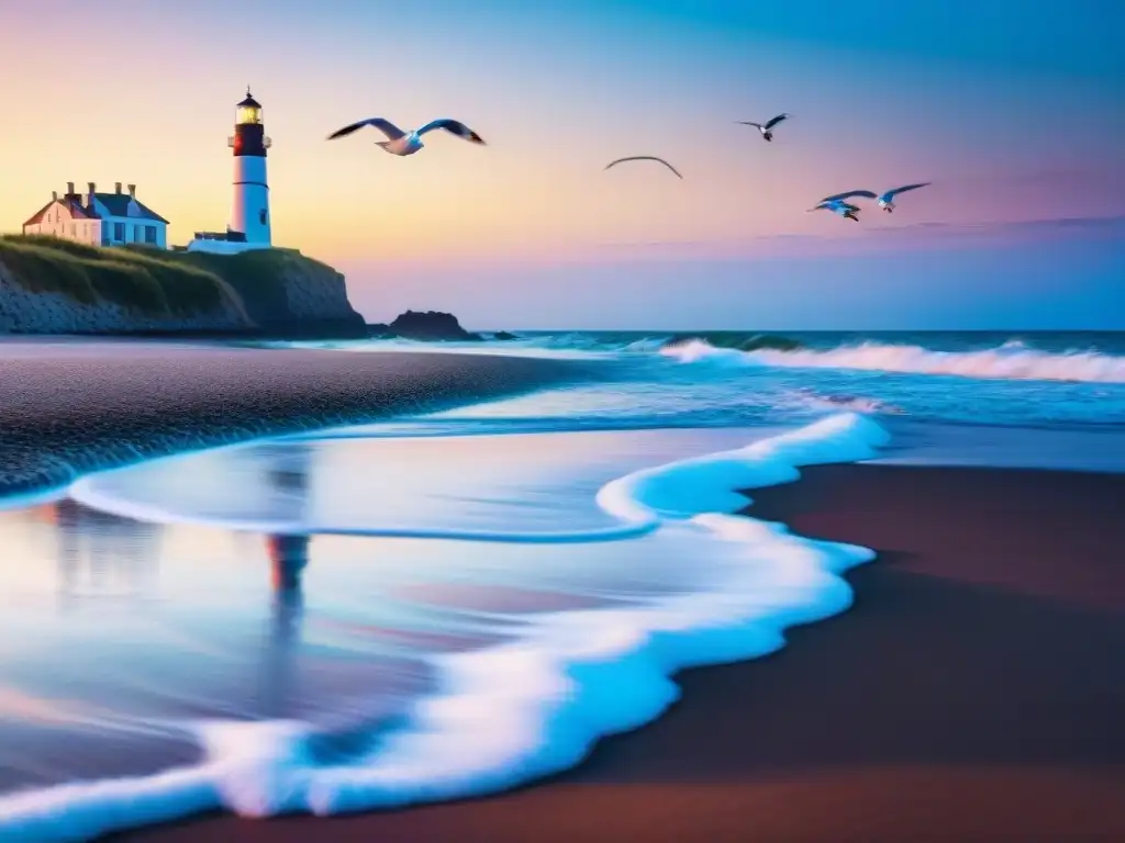 Costa serena al amanecer: paisaje costero pintoresco y tranquilo Vista costera al amanecer con olas suaves, gaviotas y un faro distante