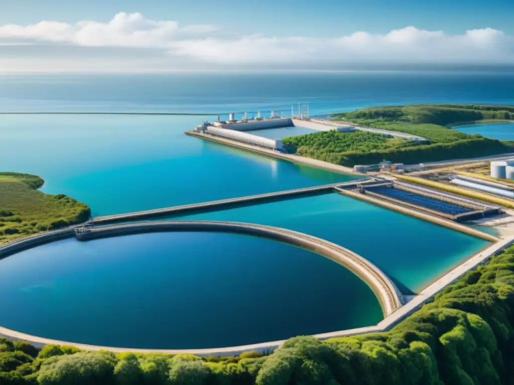 Belleza natural y tecnología: planta de tratamiento junto al mar Vista costera con planta de tratamiento de aguas residuales, naturaleza exuberante y mar azul brillante