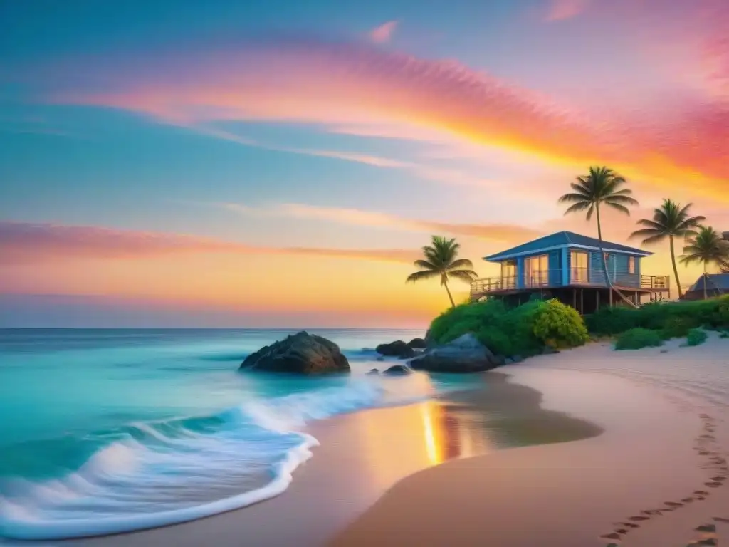 Paraíso costero: playa de arena, agua cristalina, atardecer colorido y arquitectura moderna en armonía con la naturaleza Vista costera con playa, palmeras, atardecer colorido y propiedad moderna