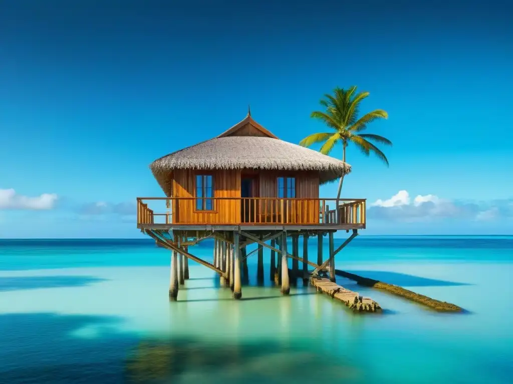 Palafito tropical: arquitectura única en aguas cristalinas Vista detallada de casa palafito sobre aguas turquesas
