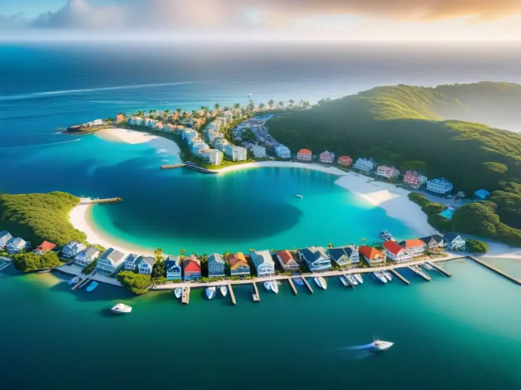 Mercado inmobiliario costero: belleza y urbanismo Vista detallada de un bullicioso mercado inmobiliario costero, con propiedades coloridas y un puerto ocupado lleno de barcos