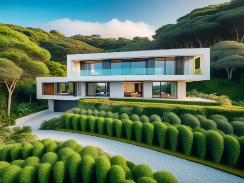 Residencia costera moderna: privacidad y tecnología Vista detallada de casa costera moderna rodeada de vegetación, con cámaras de seguridad